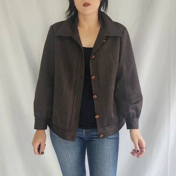 70s Home Made Brown and Blue Plaid Shacket - Picture 1 of 3